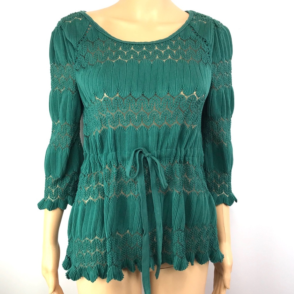 Free People Emerald Green Open Knit Top Tie Waist